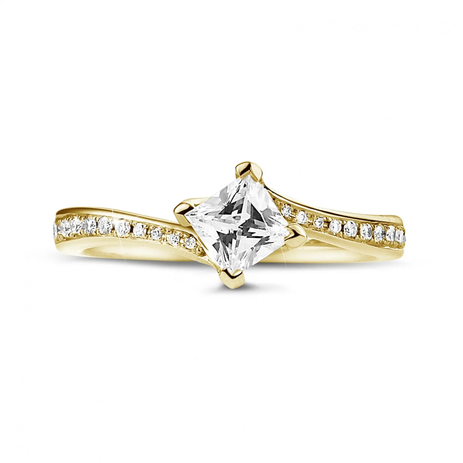 0.50 quilates anillo solitario en oro amarillo con diamante talla princesa y diamantes laterales 