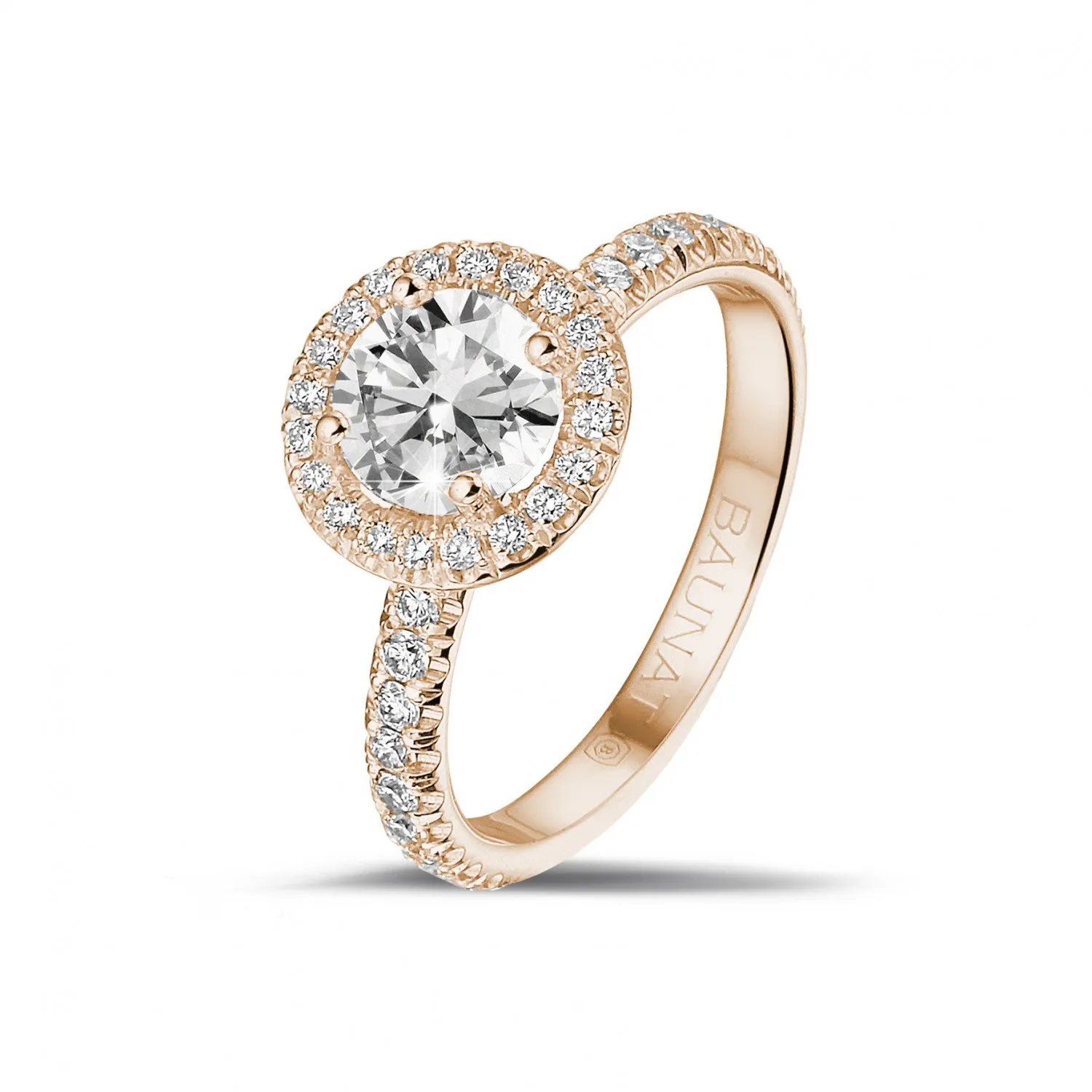 1.00 quilates Halo anillo solitario en oro rojo con diamantes redondos 
