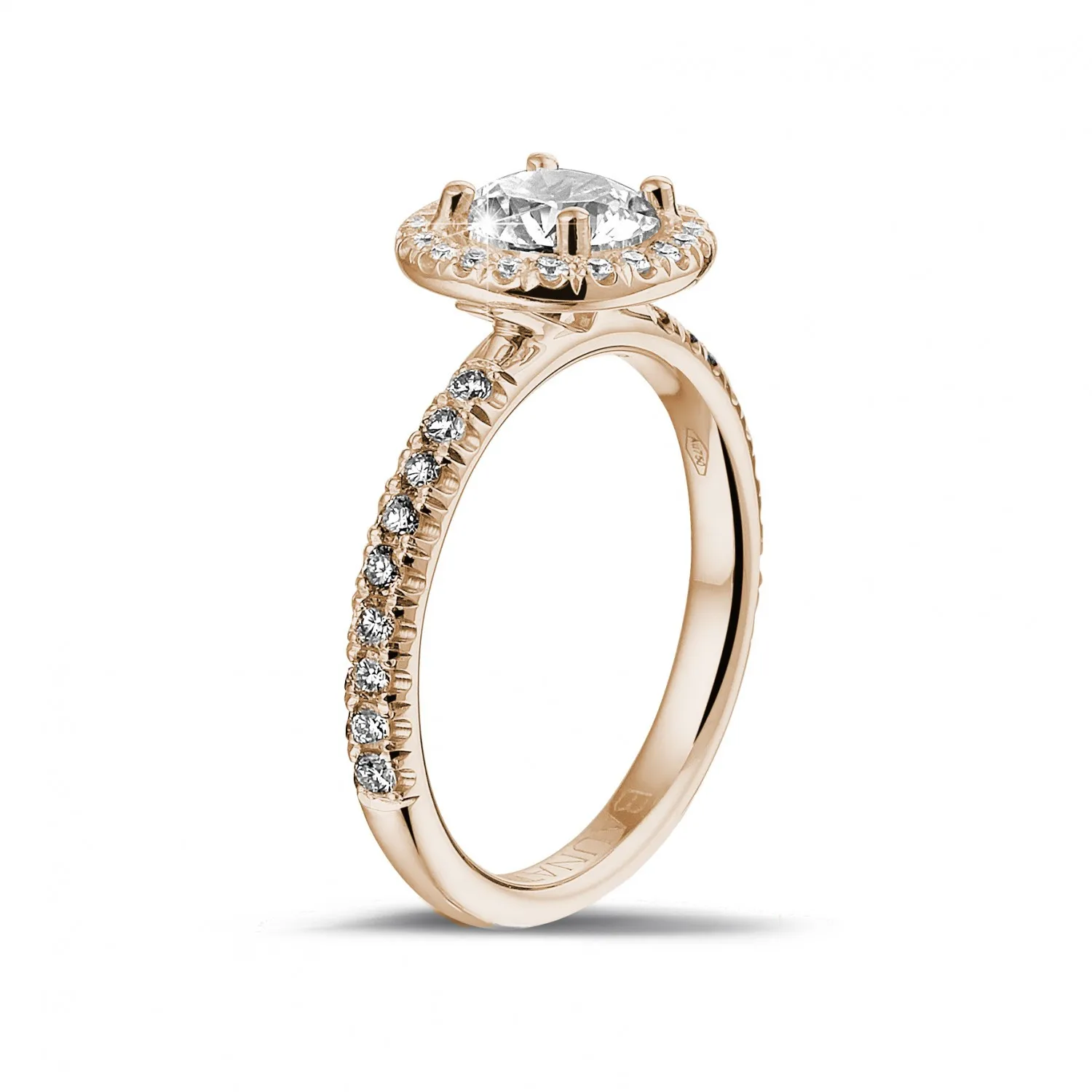 1.00 quilates Halo anillo solitario en oro rojo con diamantes redondos 