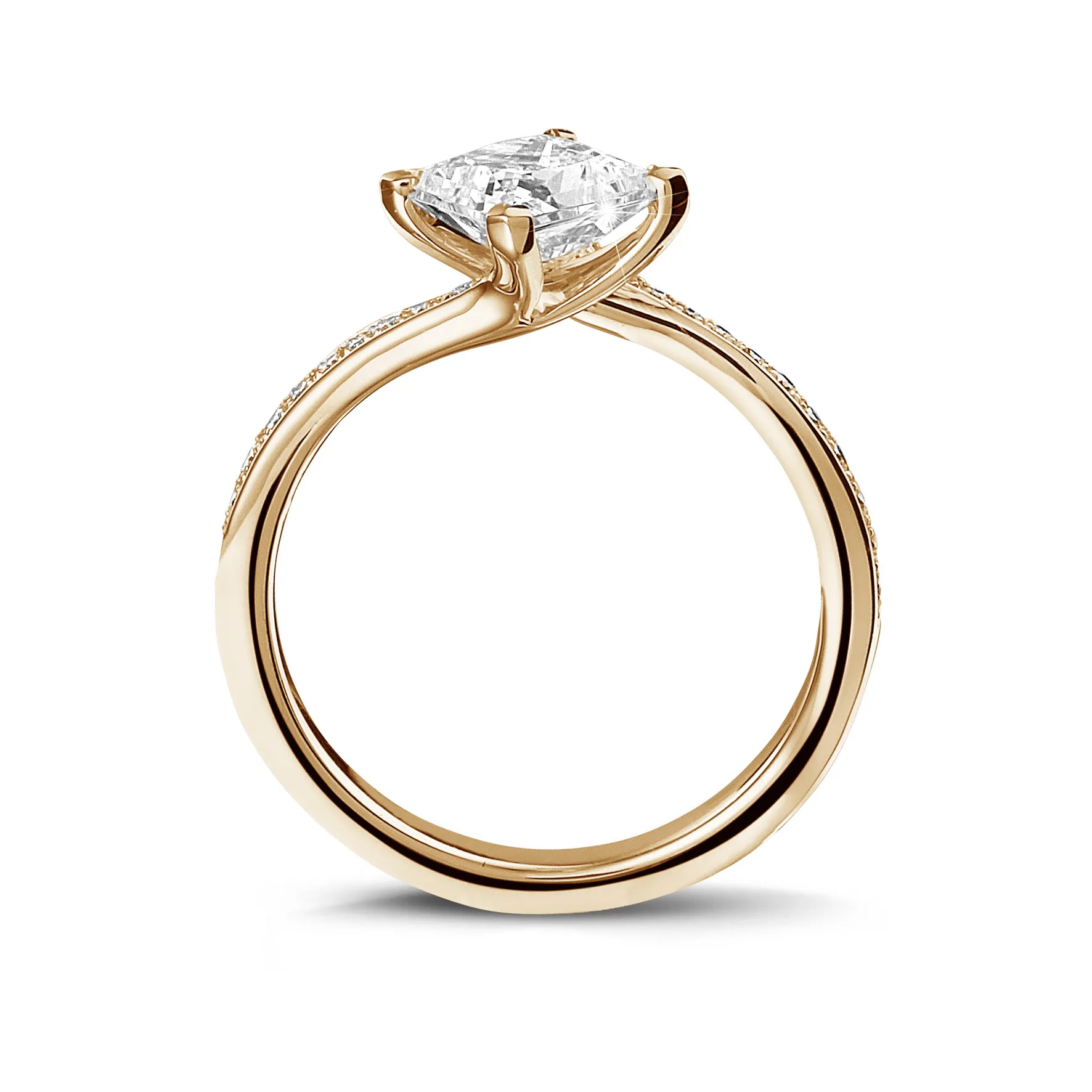 2.00 quilates anillo solitario en oro rojo con diamante talla princesa y diamantes laterales 