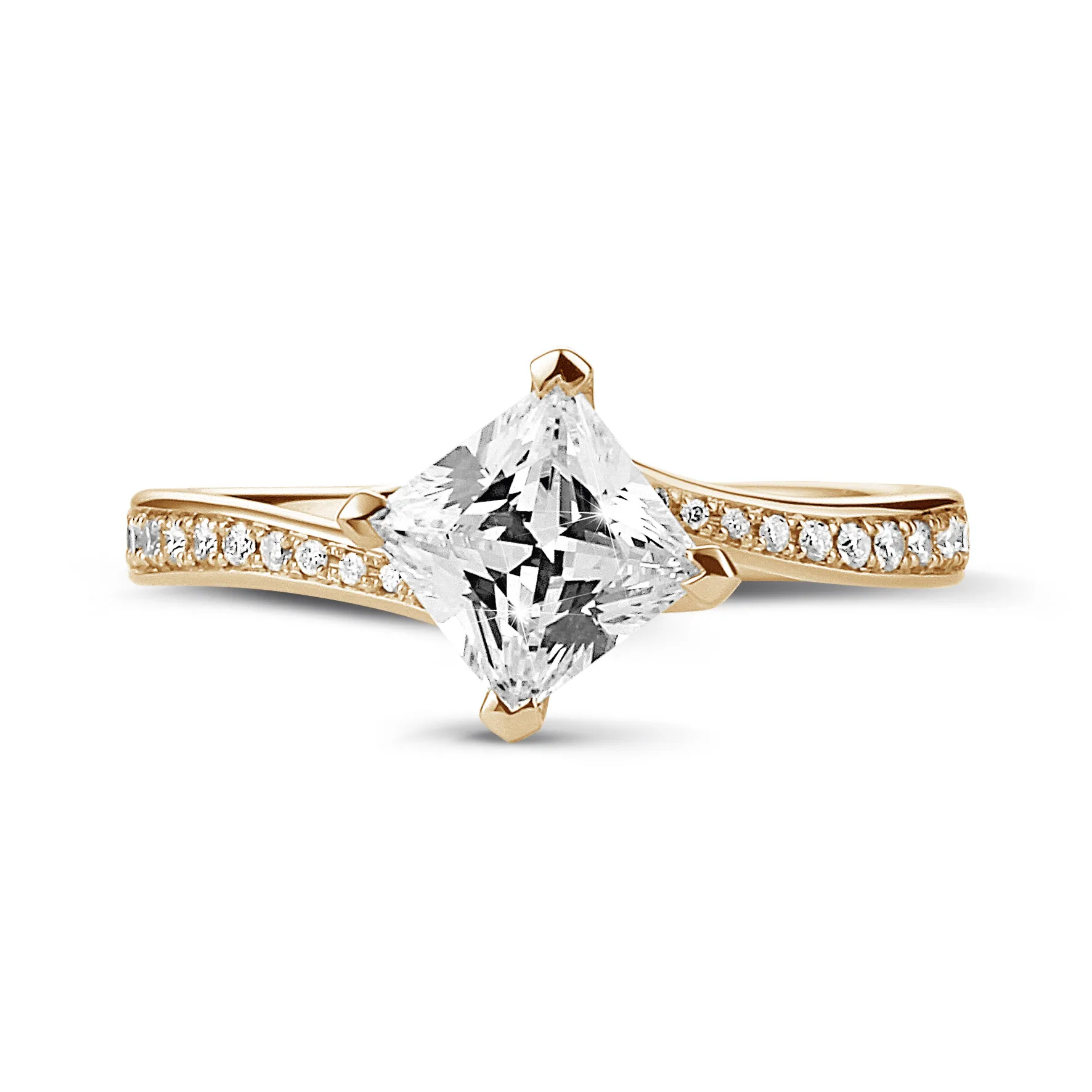 2.00 quilates anillo solitario en oro rojo con diamante talla princesa y diamantes laterales 