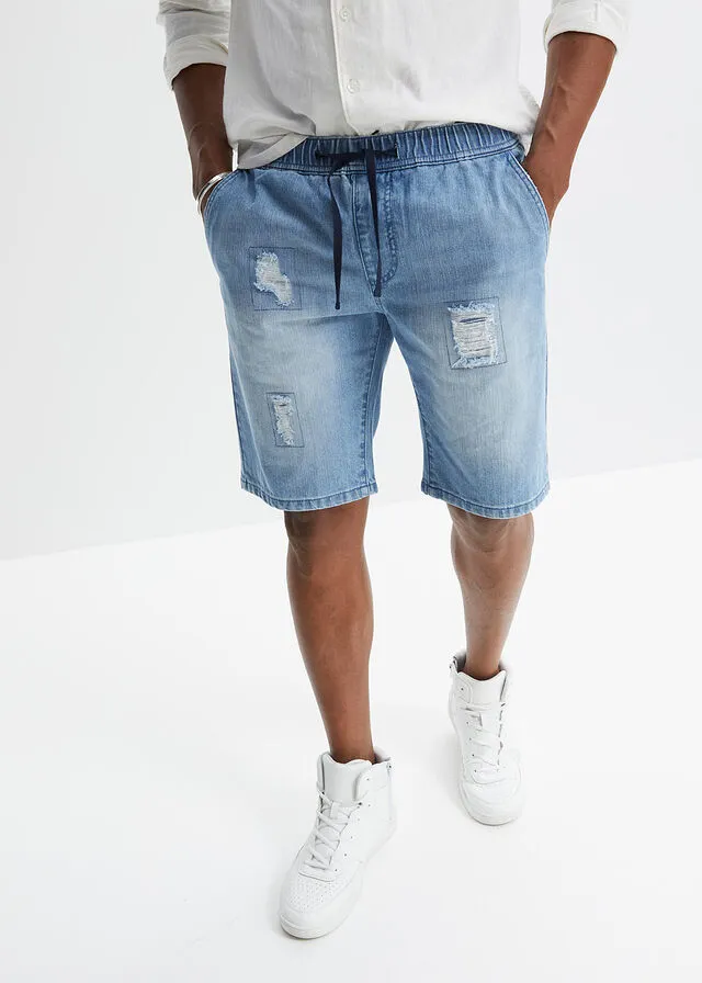 Bermudas vaqueras con cinturilla elástica y corte regular Denim claro desgastado