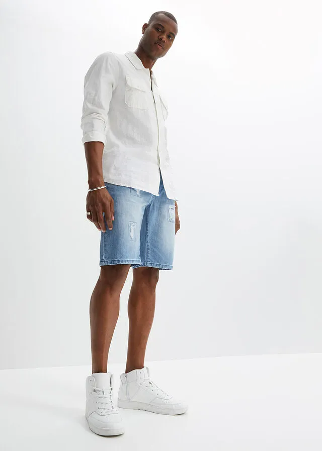 Bermudas vaqueras con cinturilla elástica y corte regular Denim claro desgastado