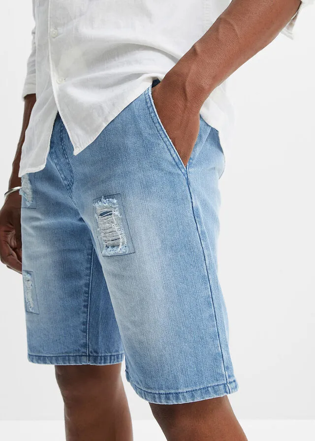 Bermudas vaqueras con cinturilla elástica y corte regular Denim claro desgastado