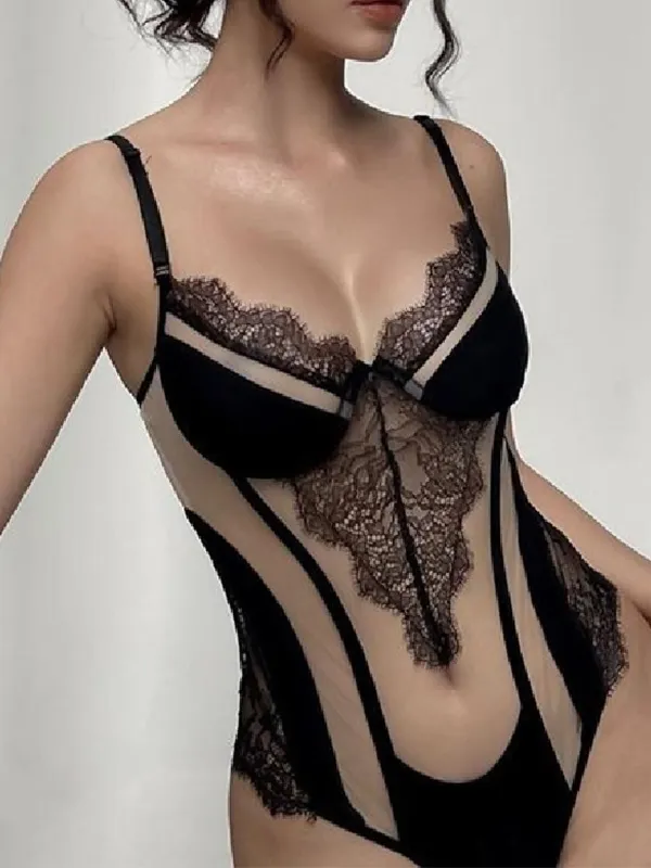 Body de tirantes con empalme de encaje y malla