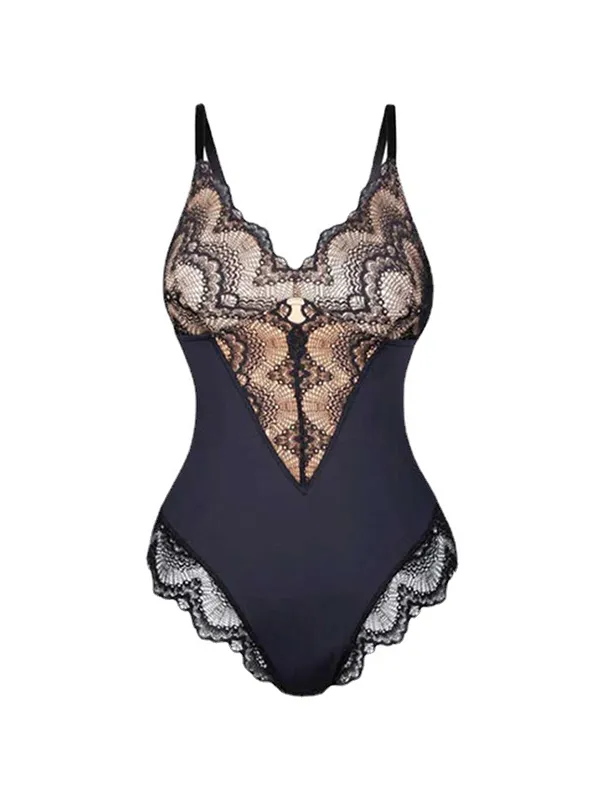 Body sexy con cuello en V que moldea el cuerpo con cintura de encaje