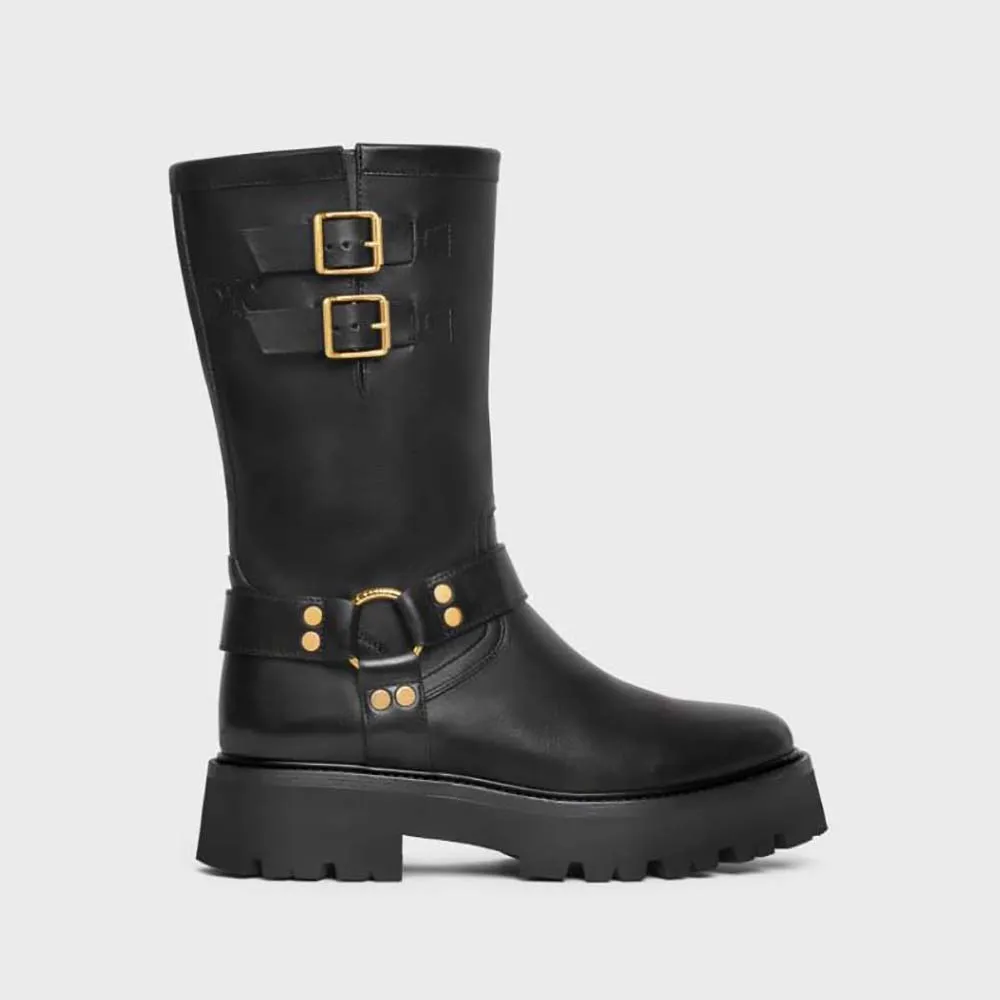 BOTA MOTERA DE MEDIA CAñA VOLUMINOSA CON ARNéS PARA MUJER CELINE EN PIEL DE BECERRO– CURTIDO VEGETALNEGRO