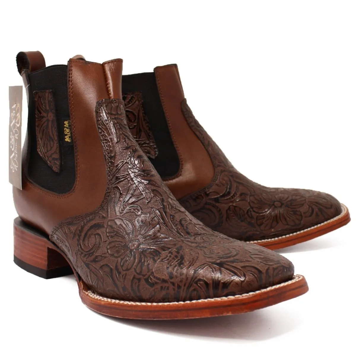Botines de Cuero Cincelado Punta Cuadrada Color Cafe Hombre