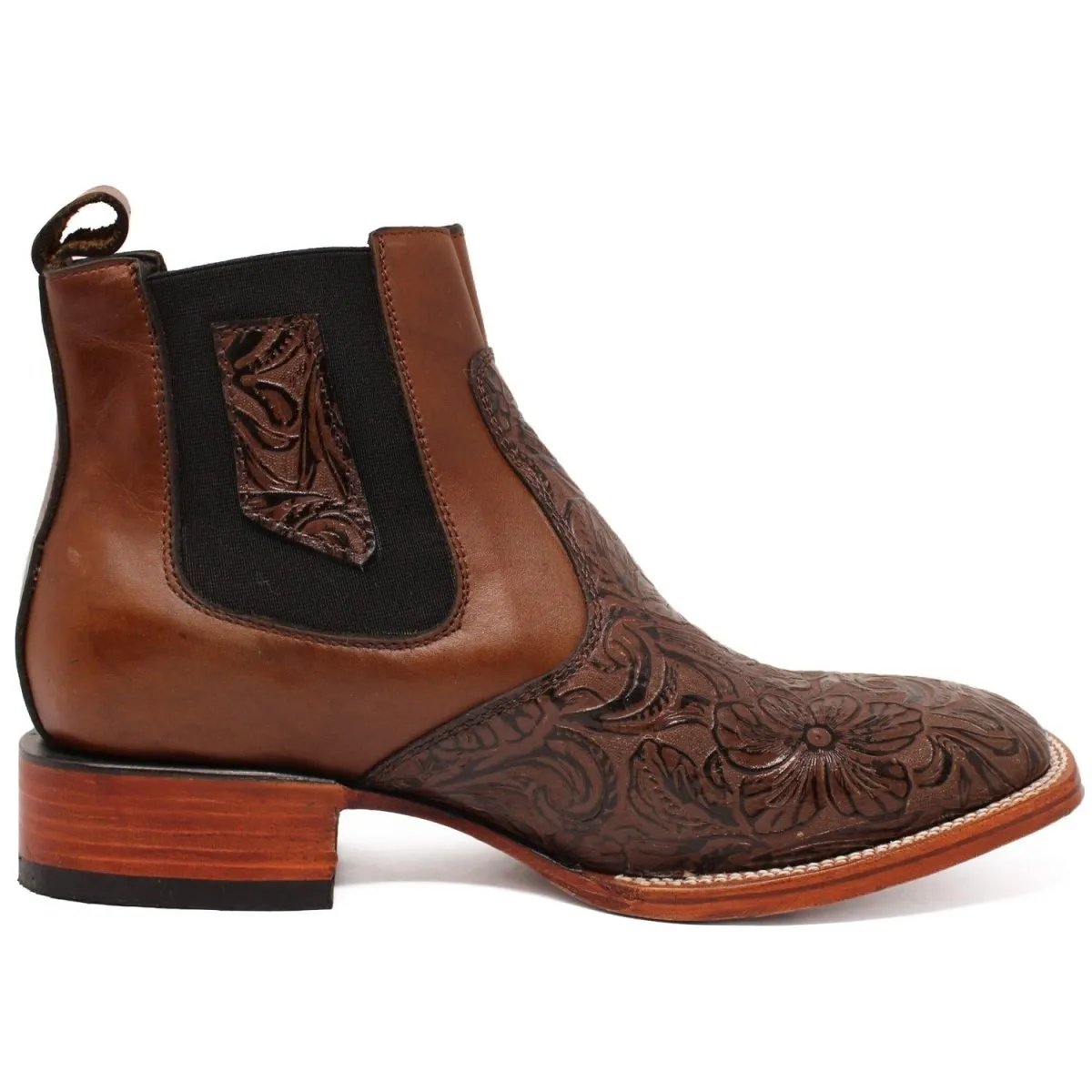Botines de Cuero Cincelado Punta Cuadrada Color Cafe Hombre