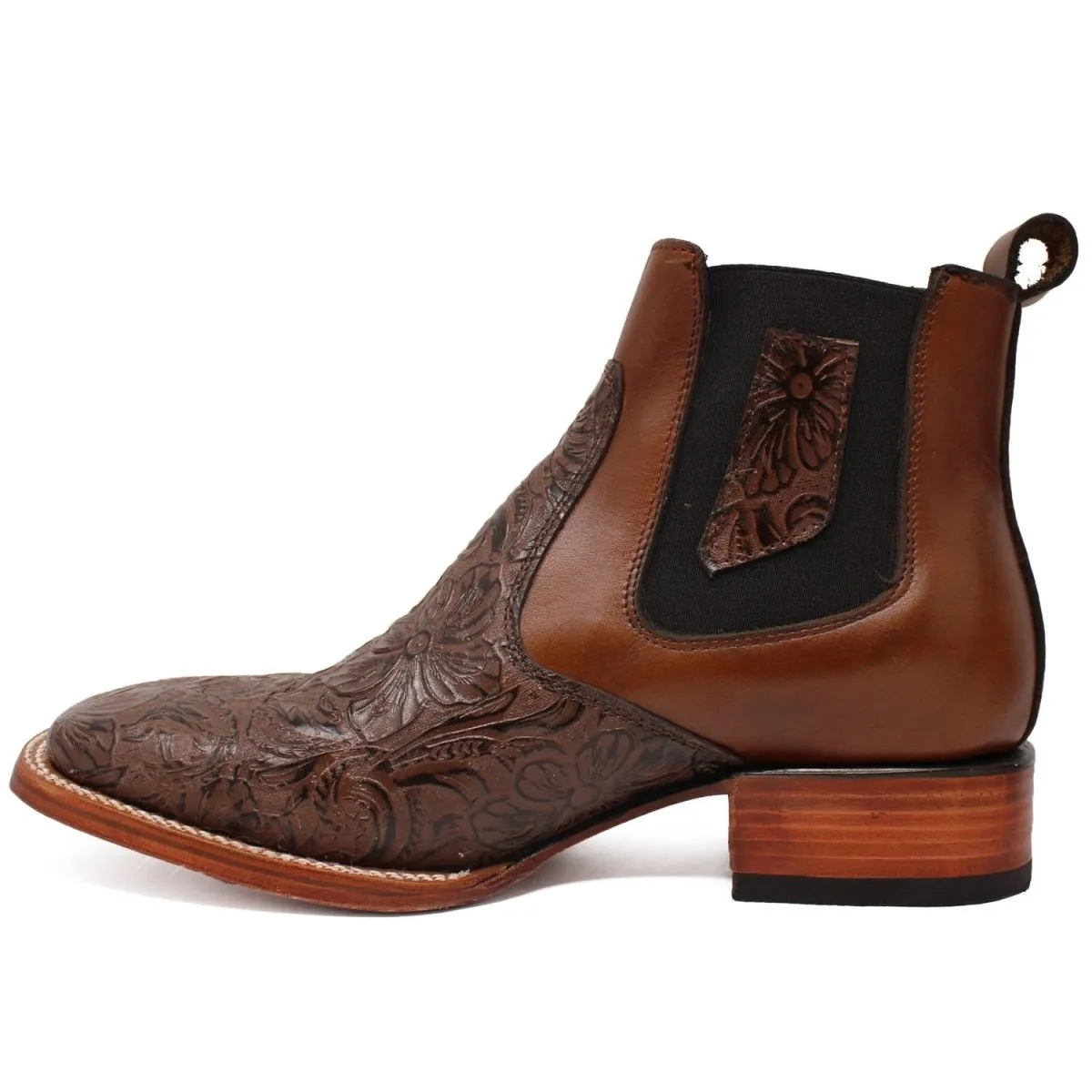 Botines de Cuero Cincelado Punta Cuadrada Color Cafe Hombre