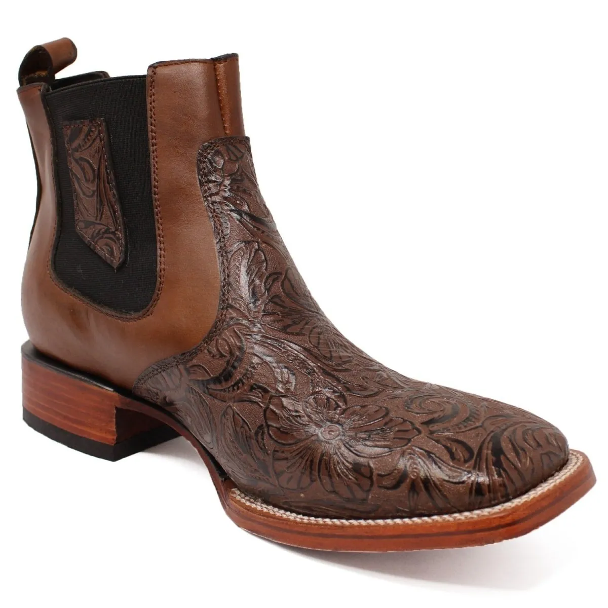 Botines de Cuero Cincelado Punta Cuadrada Color Cafe Hombre