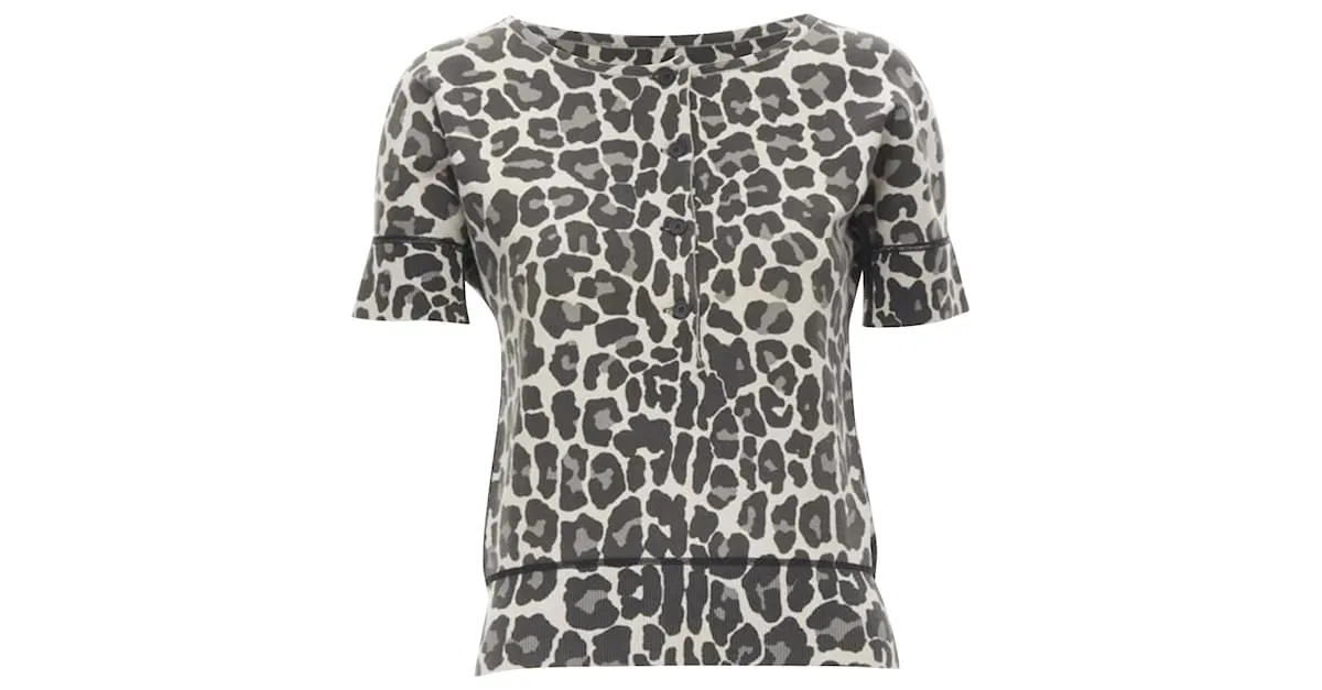 BOTTEGA VENETA Top gris de mezcla de algodón con medio botón y estampado de leopardo 