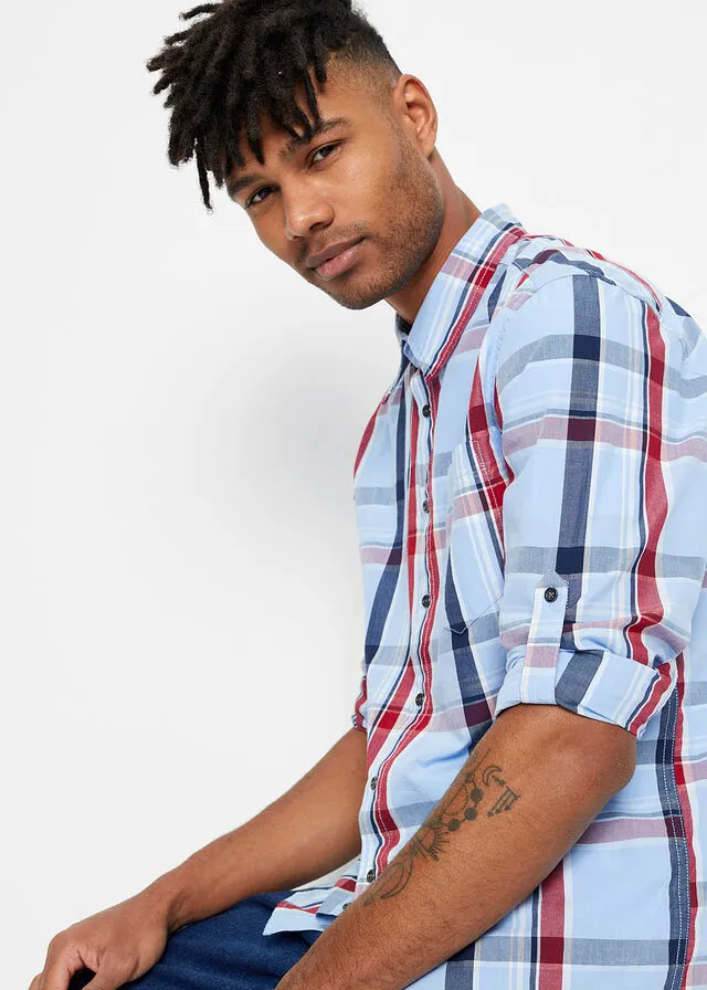 Camisa de manga larga con corte cómodo azul perla a cuadros