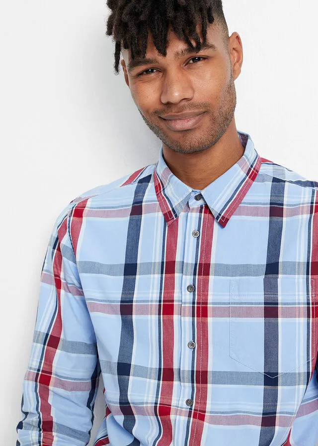 Camisa de manga larga con corte cómodo azul perla a cuadros
