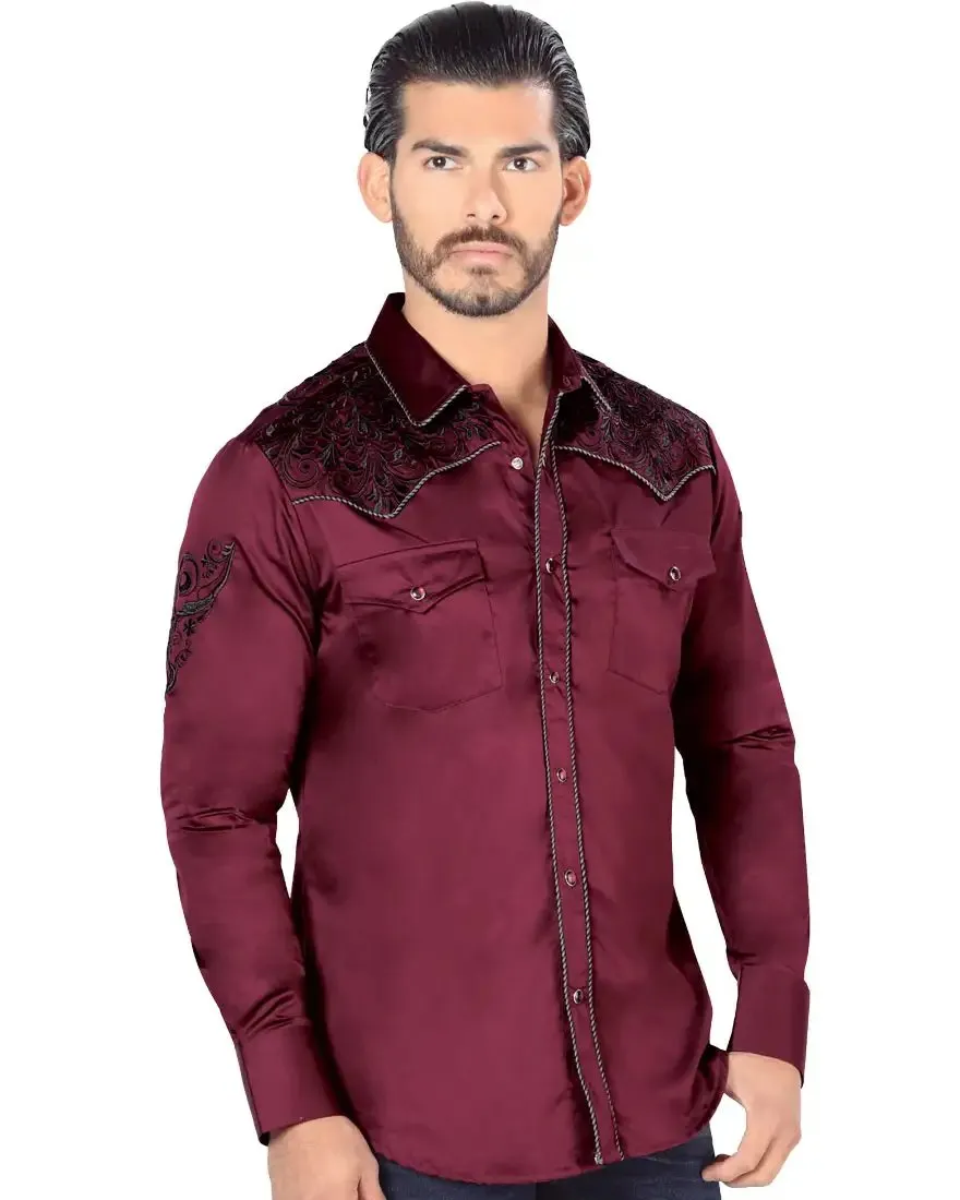 CAMISA VAQUERA BORDADA PARA HOMBRE LAMASINI COLOR VINO LAM2204V