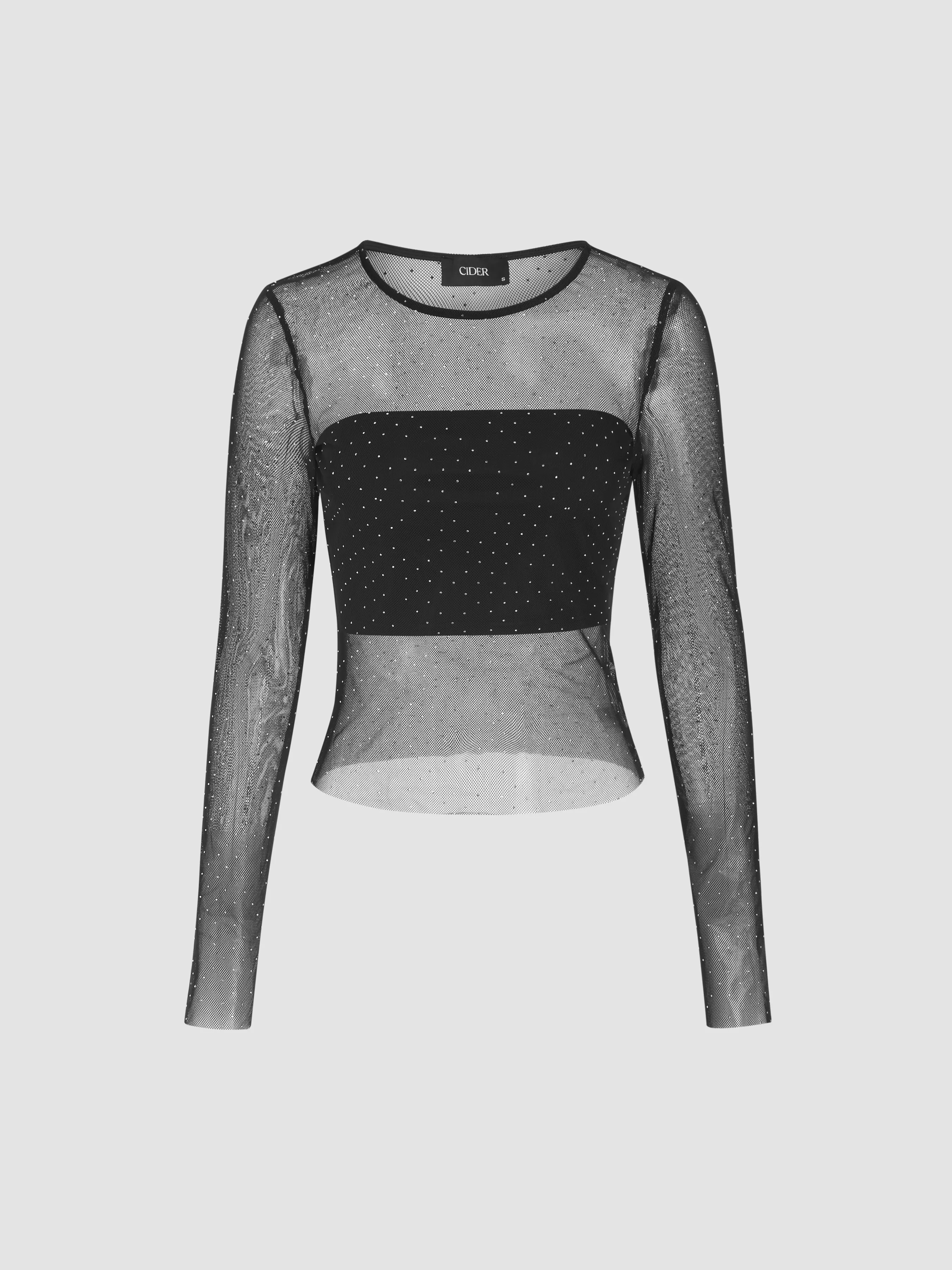  Camiseta de Malla con Diamantes de Imitación de Manga Larga y Top de Tubo