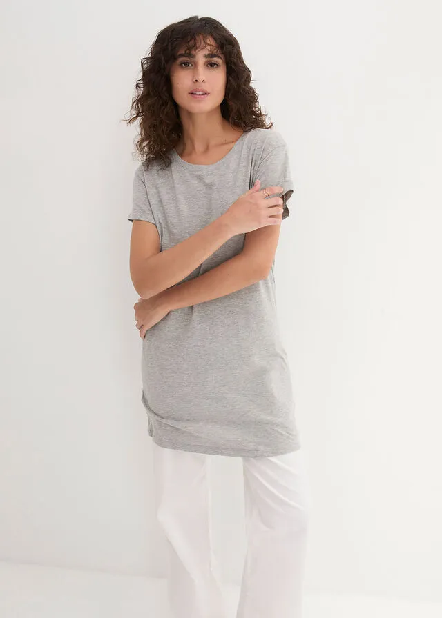 Camiseta larga estilo boxy de manga corta Gris claro jaspeado