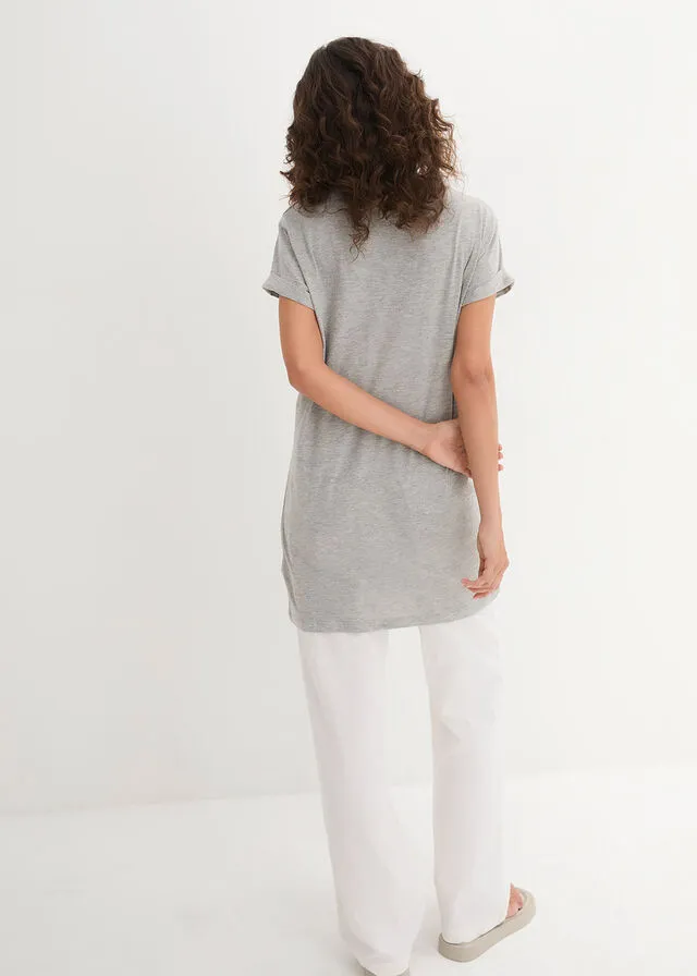 Camiseta larga estilo boxy de manga corta Gris claro jaspeado