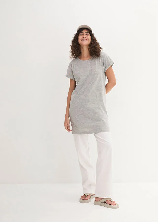 Camiseta larga estilo boxy de manga corta Gris claro jaspeado