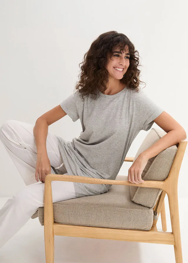 Camiseta larga estilo boxy de manga corta Gris claro jaspeado