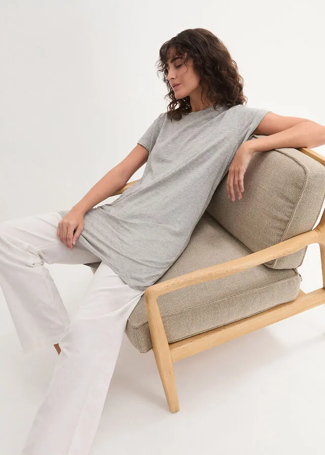 Camiseta larga estilo boxy de manga corta Gris claro jaspeado