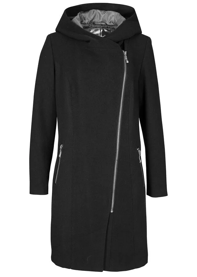 Chaqueta larga con cremallera asimétrica Negro