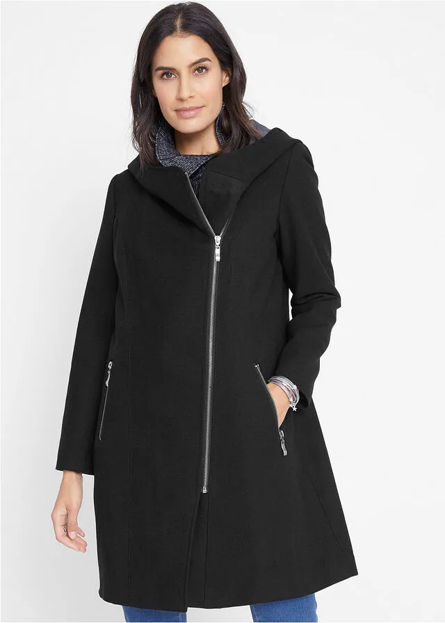 Chaqueta larga con cremallera asimétrica Negro