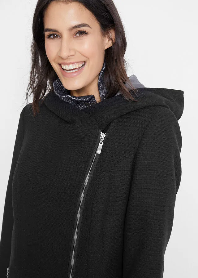 Chaqueta larga con cremallera asimétrica Negro