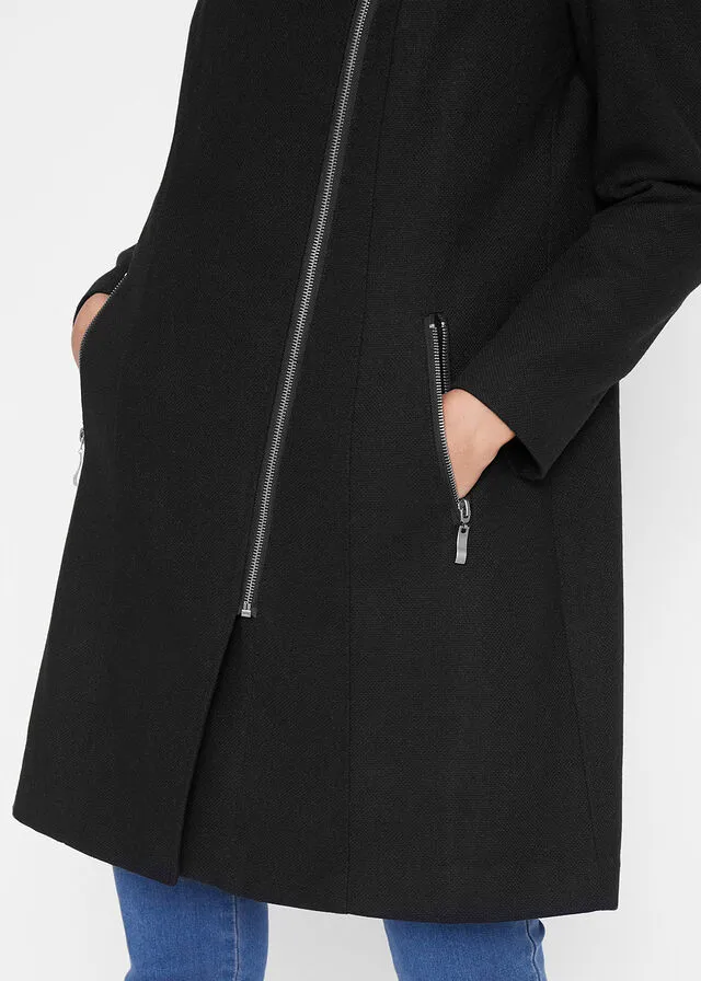 Chaqueta larga con cremallera asimétrica Negro