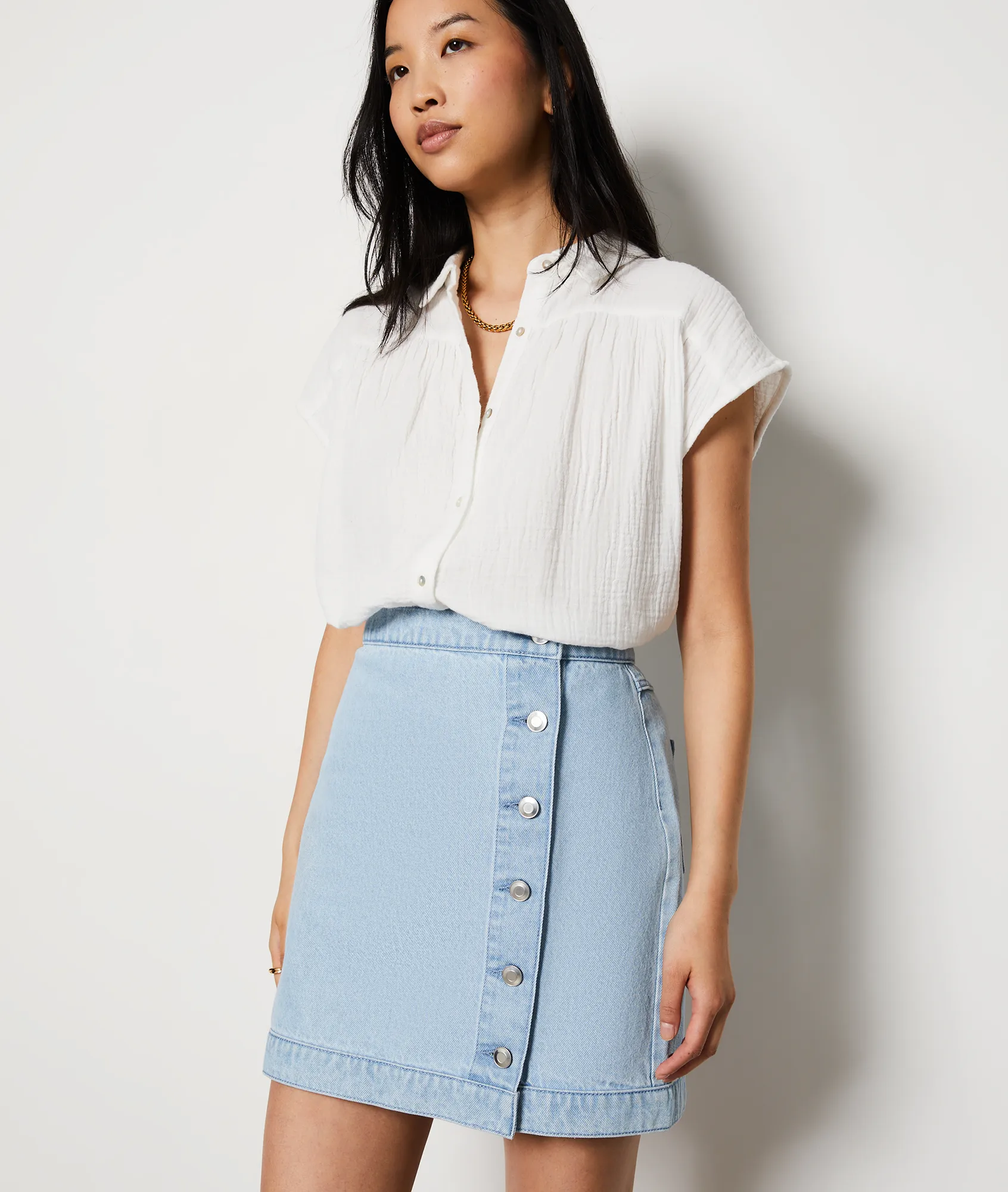 JUPE COURTE BOUTONNéE EN COTON DONA BLEU CIEL  ETAM