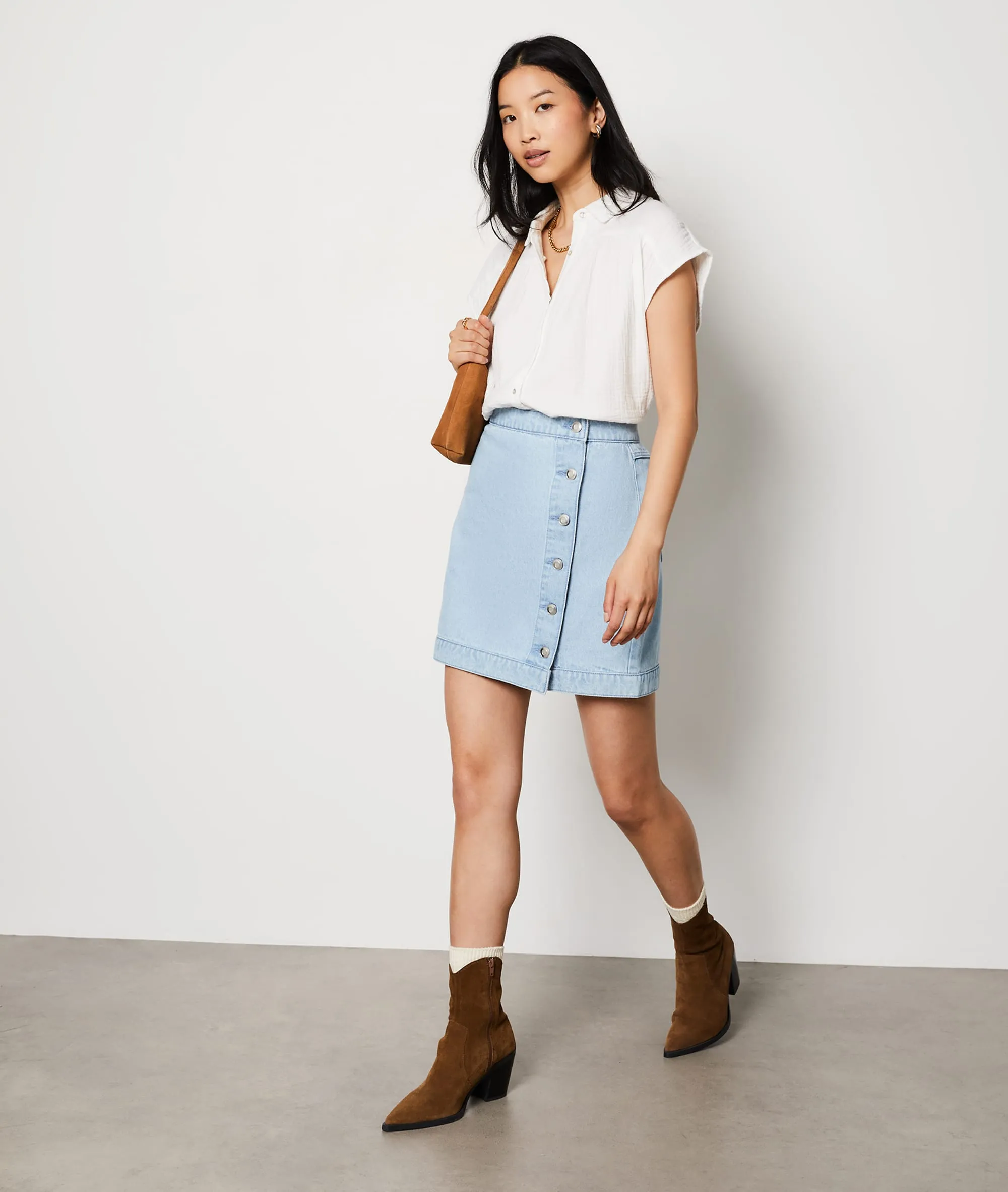 JUPE COURTE BOUTONNéE EN COTON DONA BLEU CIEL  ETAM