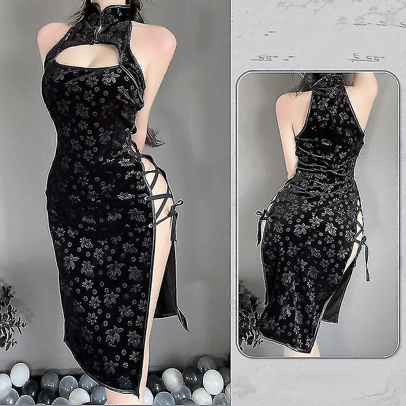 Mujer Cheongsam Floral Lace Up Side Slit Mini Chinese Qipao Vintage Dress