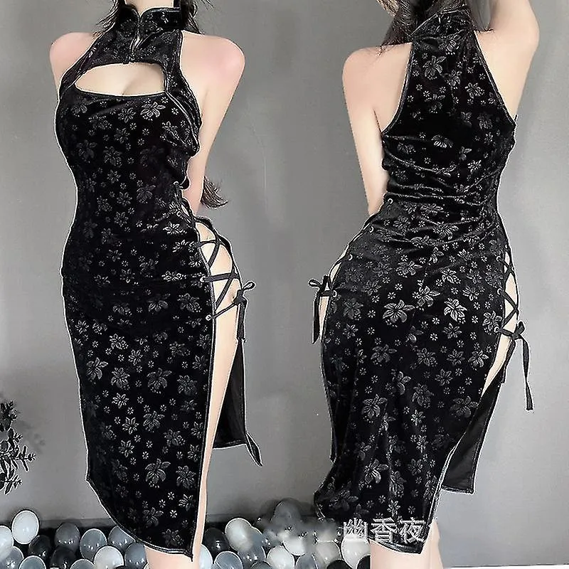 Mujer Cheongsam Floral Lace Up Side Slit Mini Chinese Qipao Vintage Dress
