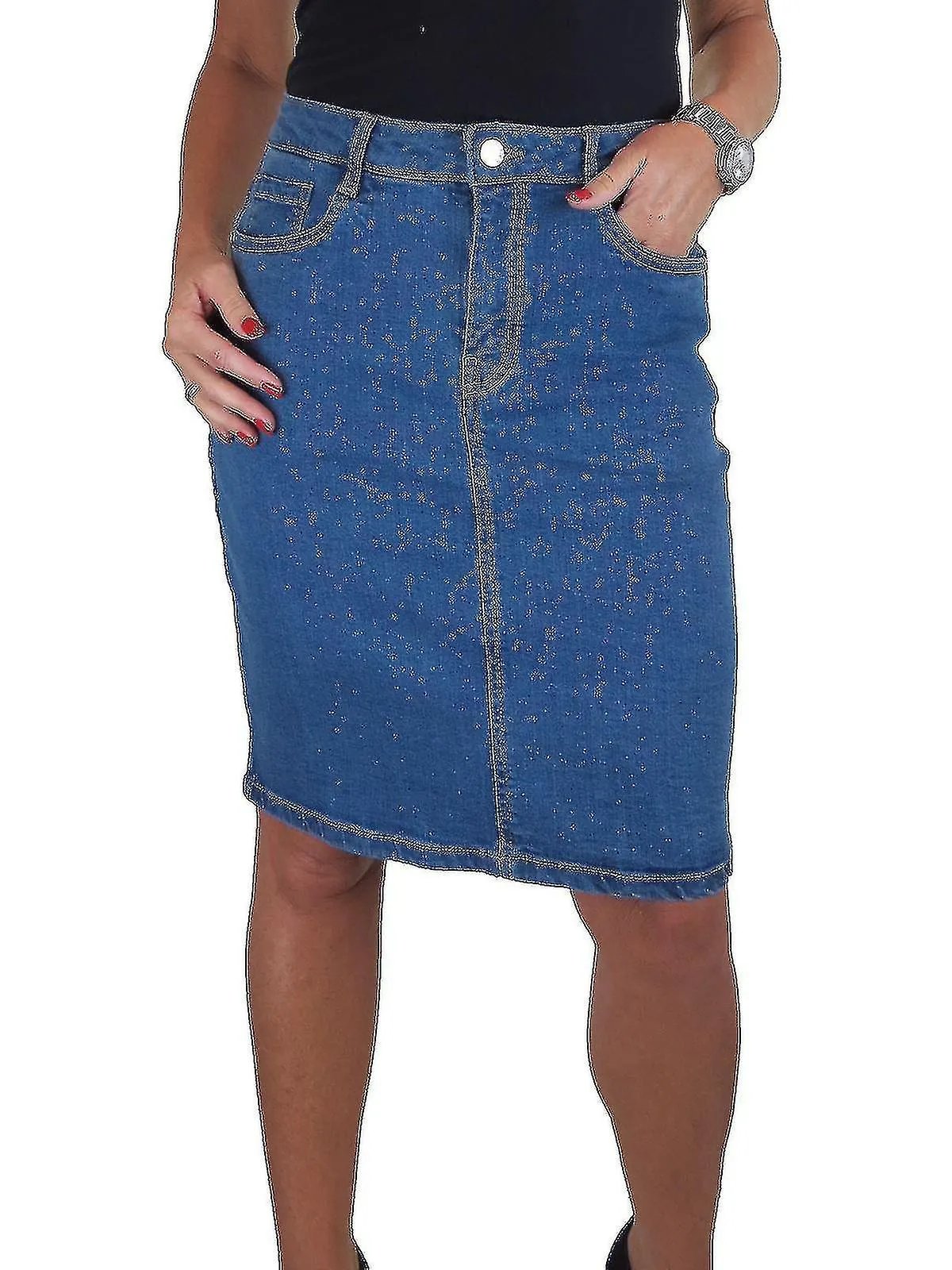 Mujer Knee Length Stretch Denim Pencil Skirt