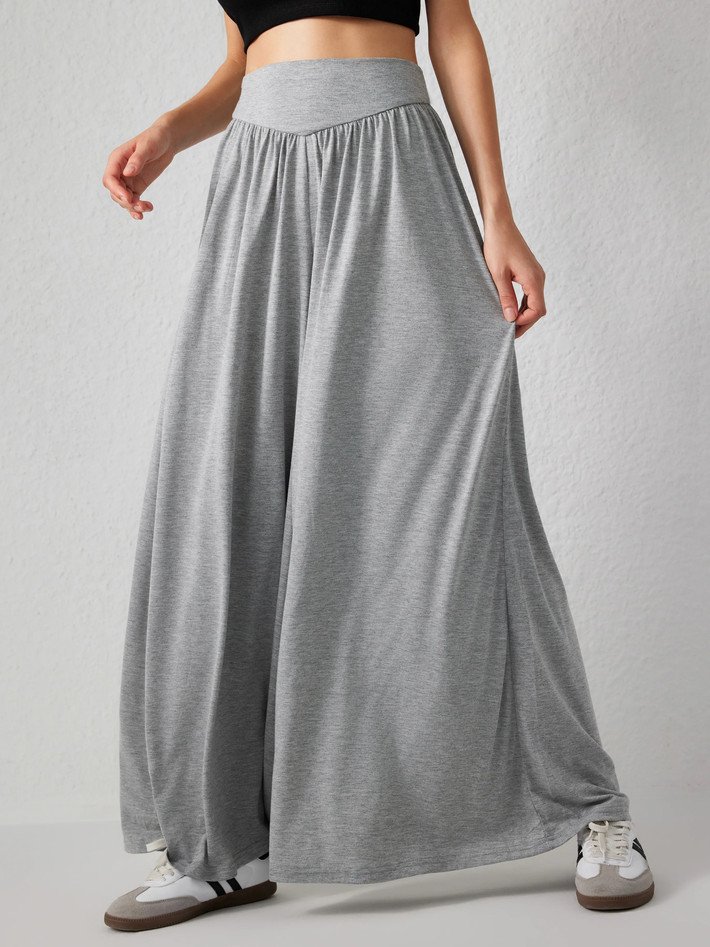  Pantalones anchos de cintura alta con volantes de jersey sólido