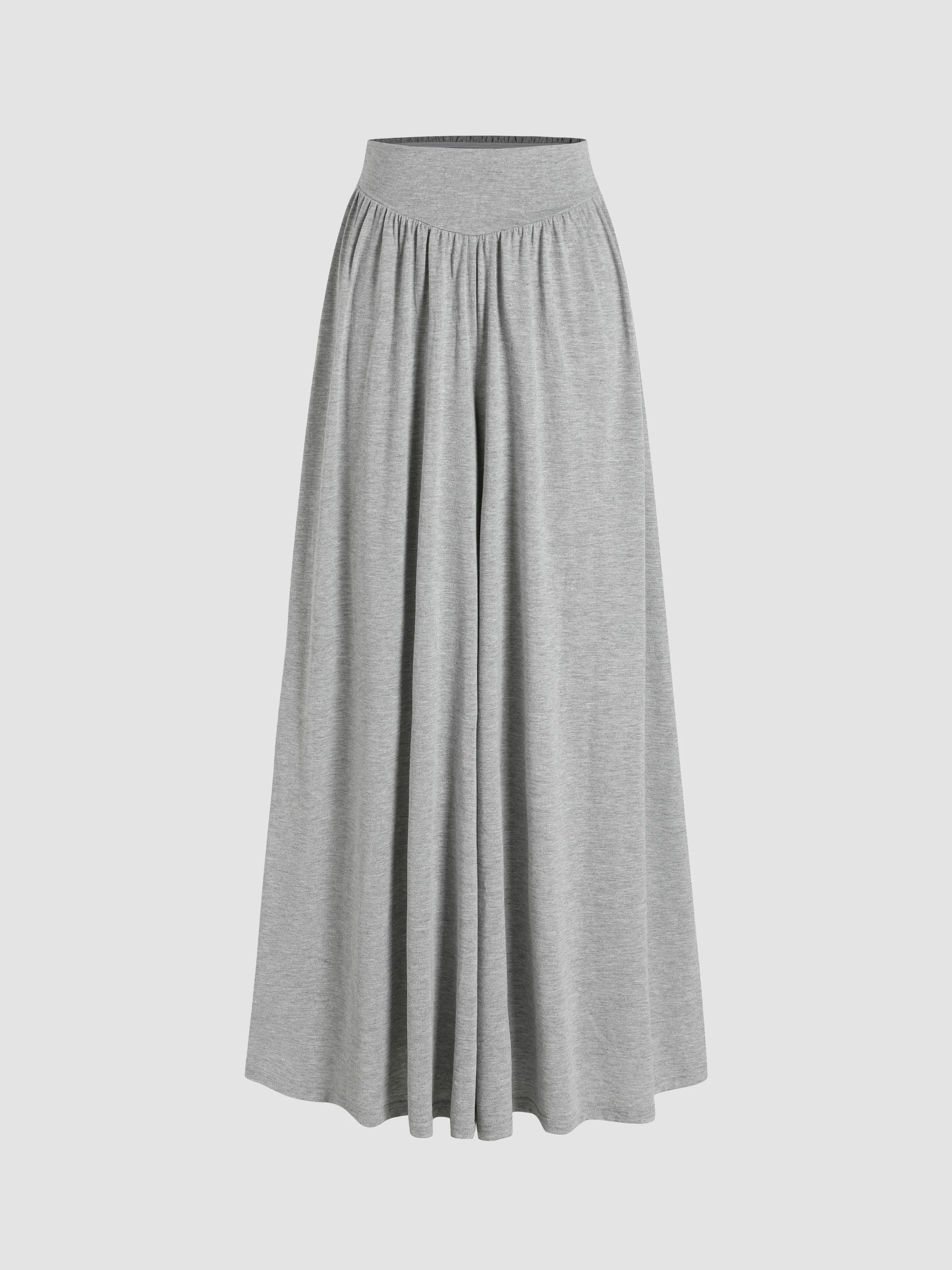  Pantalones anchos de cintura alta con volantes de jersey sólido