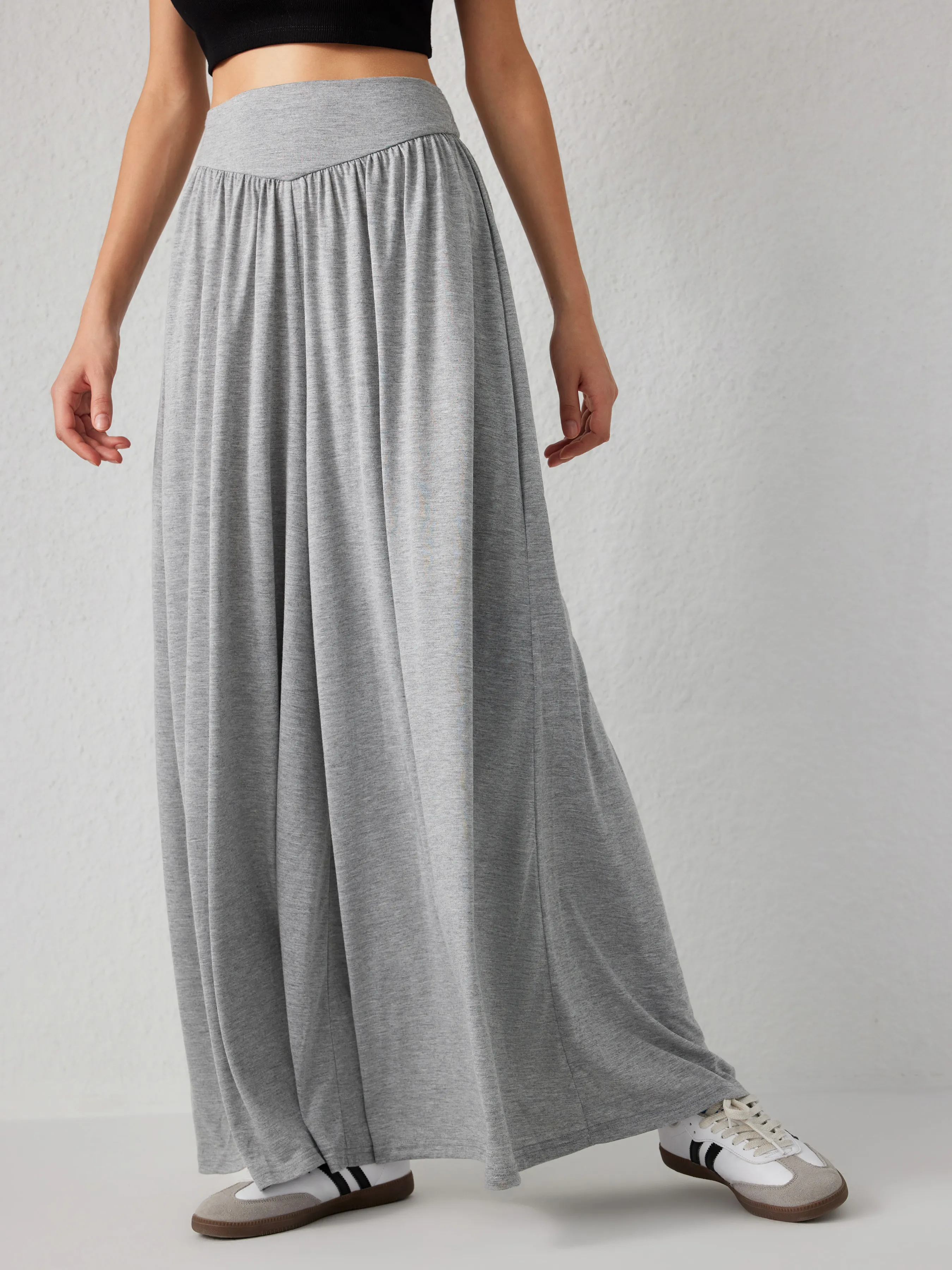  Pantalones anchos de cintura alta con volantes de jersey sólido