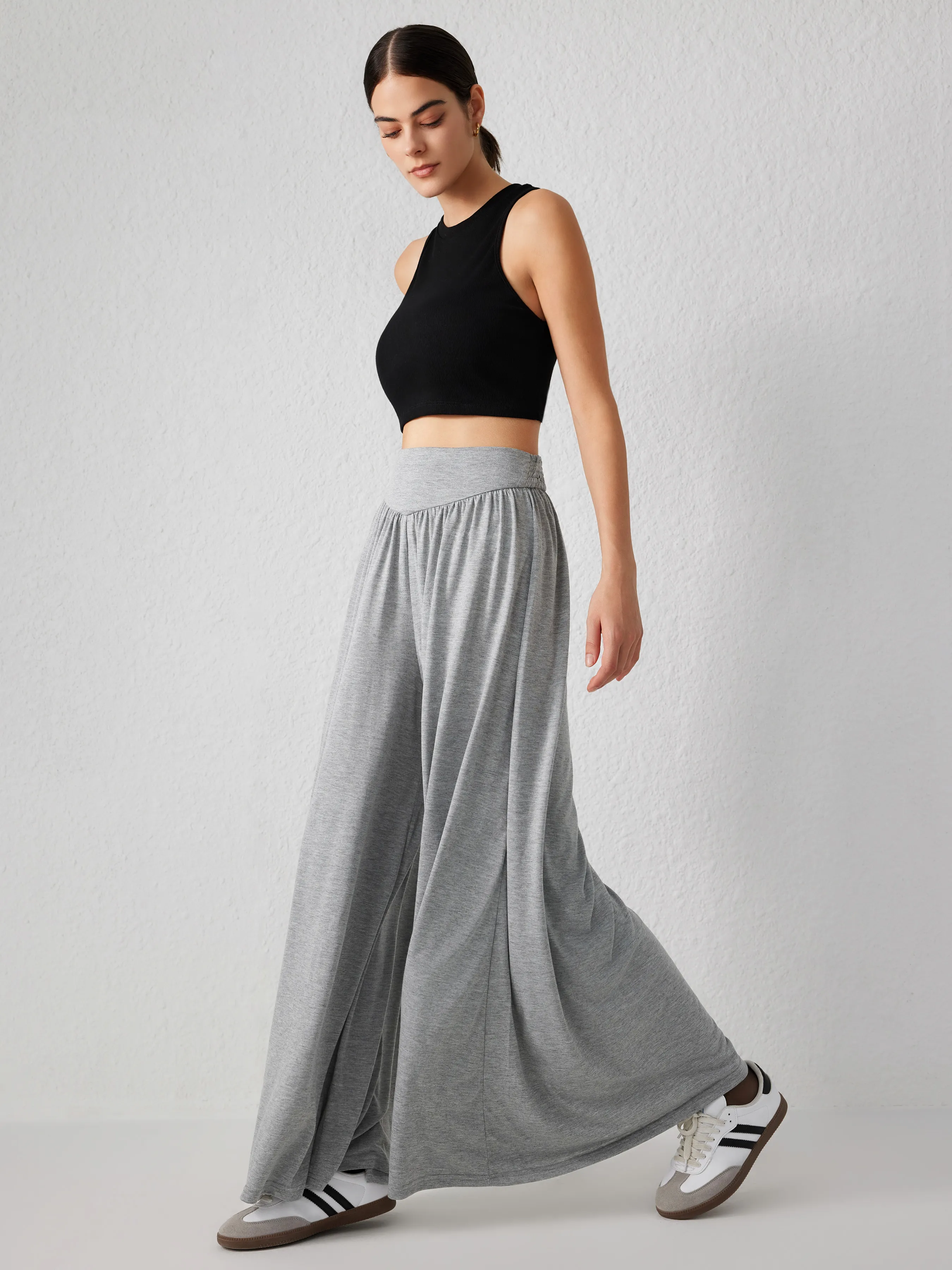  Pantalones anchos de cintura alta con volantes de jersey sólido