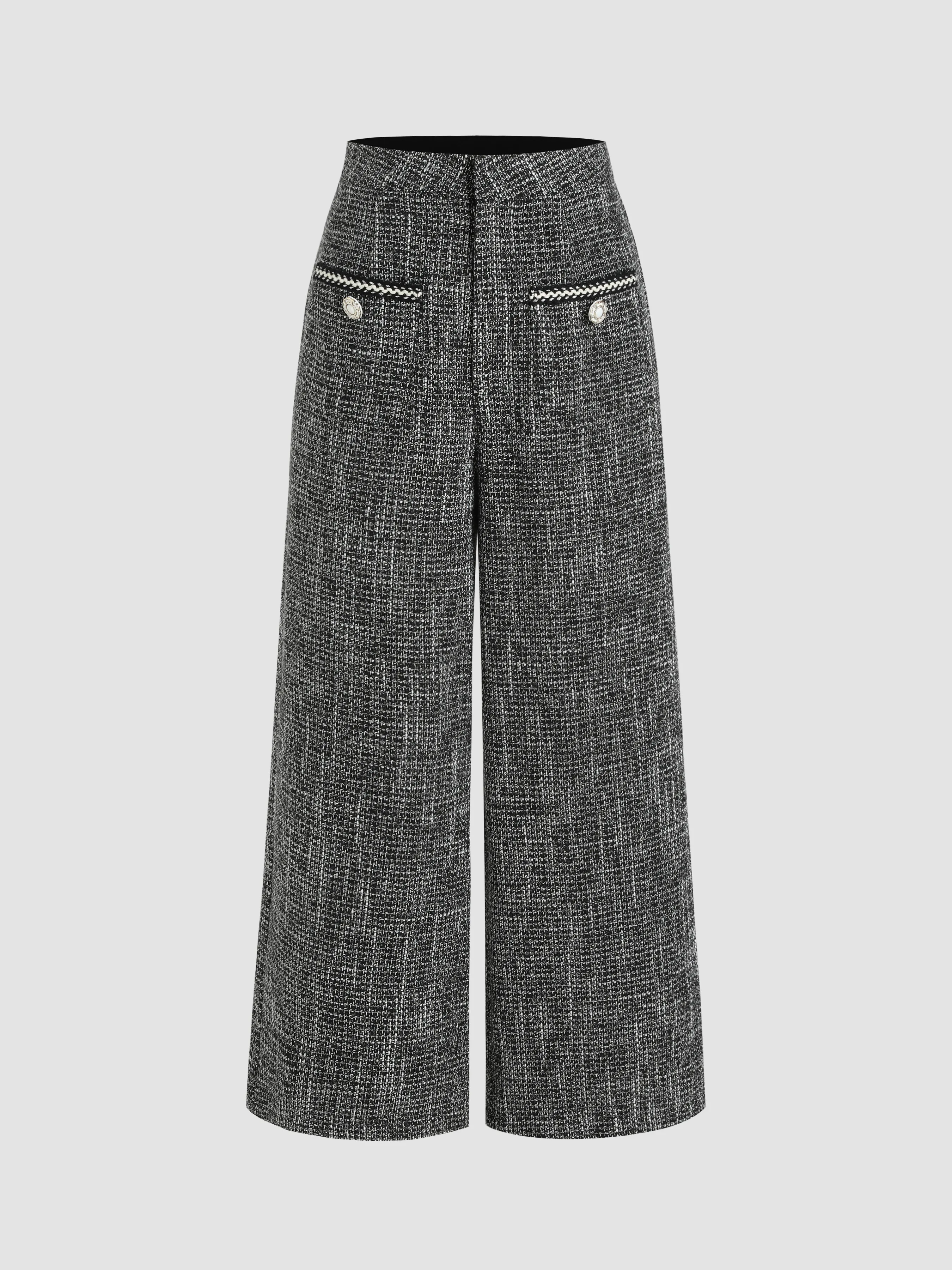 Pantalones de pierna ancha con botones sólidos de cintura media de tweed
