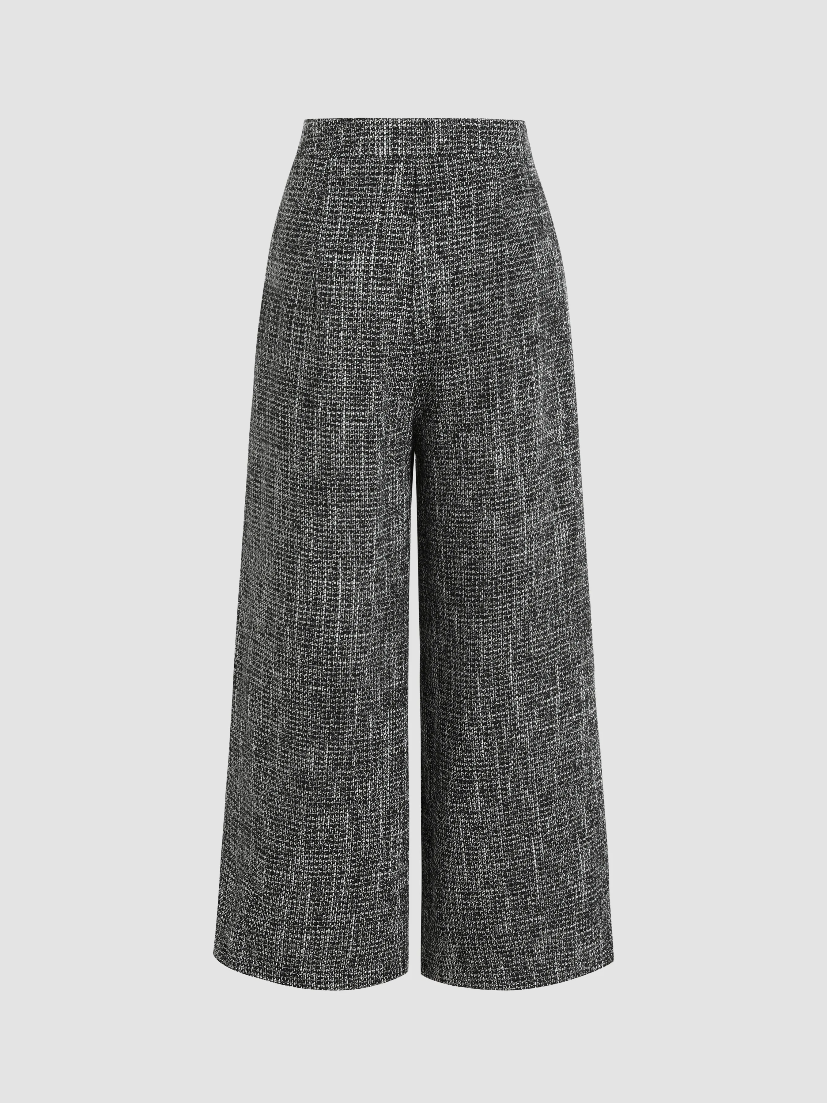 Pantalones de pierna ancha con botones sólidos de cintura media de tweed