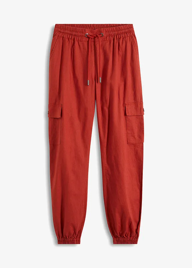 Pantalón cargo con lino rojo carmín
