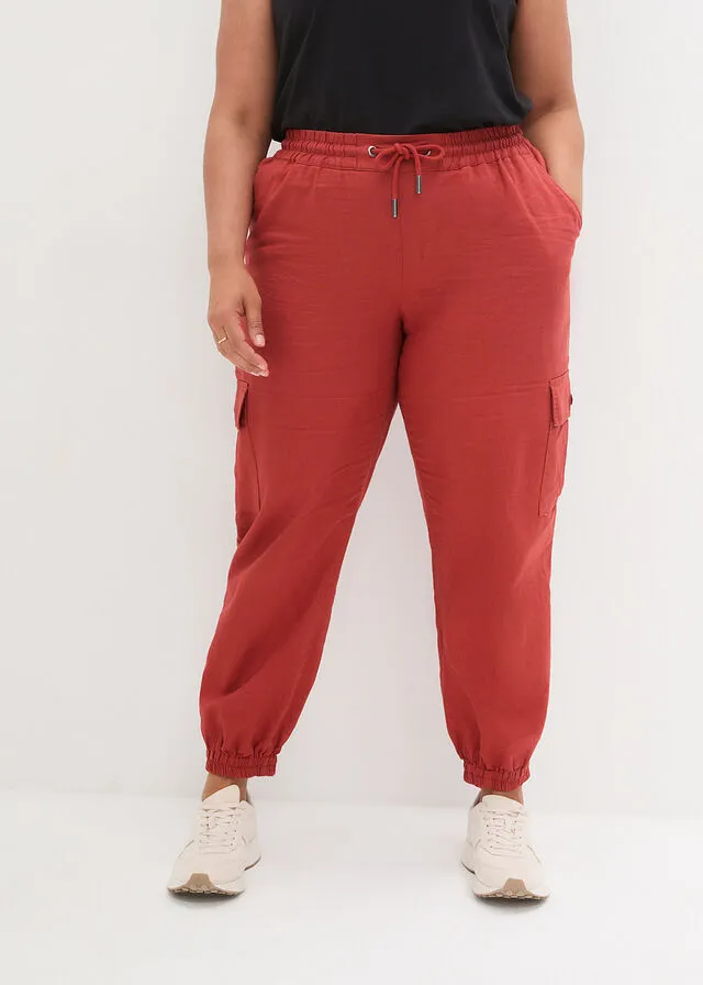 Pantalón cargo con lino rojo carmín