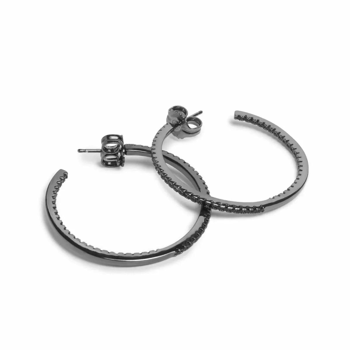 Pendientes aros grandes doble raíl de circonitas negras diseo cuadrado y bao de rutenio
