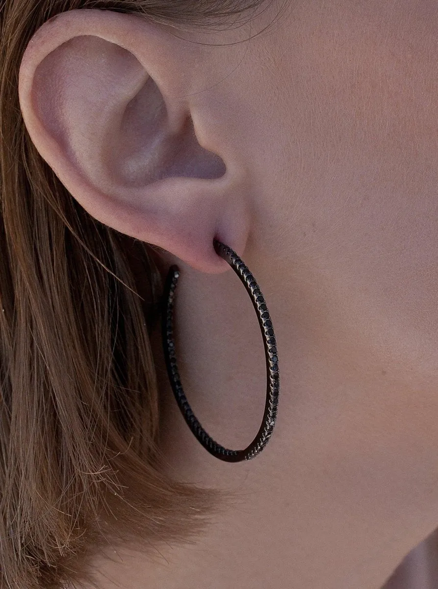 Pendientes aros grandes doble raíl de circonitas negras diseo cuadrado y bao de rutenio