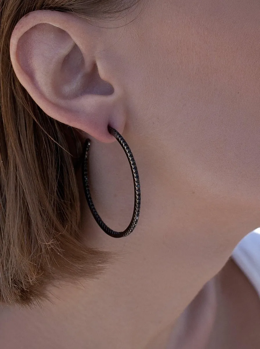 Pendientes aros grandes doble raíl de circonitas negras diseo cuadrado y bao de rutenio