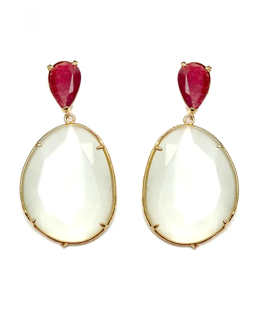 PENDIENTES DE MUJER LARGOS BLANCOS DE PIEDRAS CON GRANATE