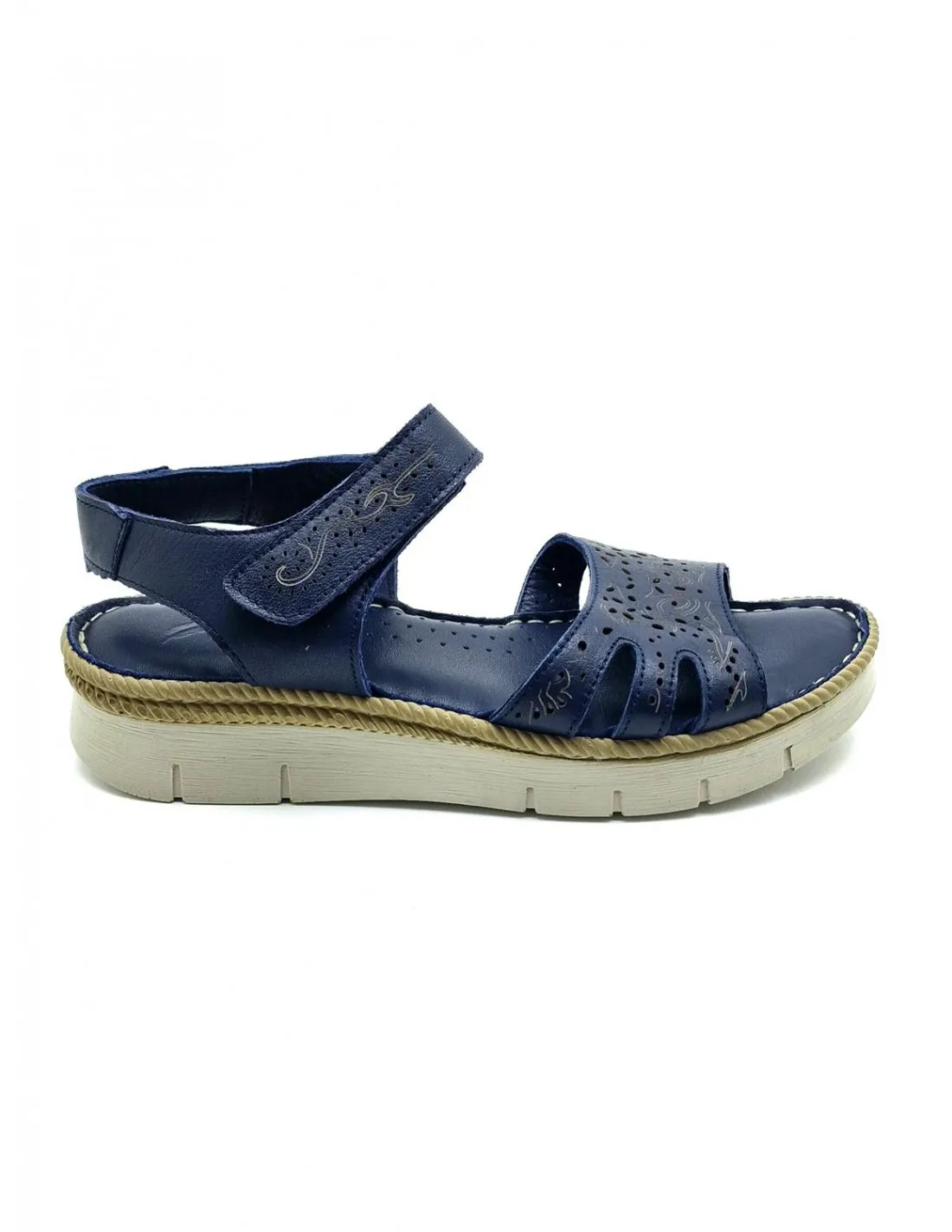 SANDALIA DE MUJER TREINTAS EN AZUL MARINO Y CUERO L1008