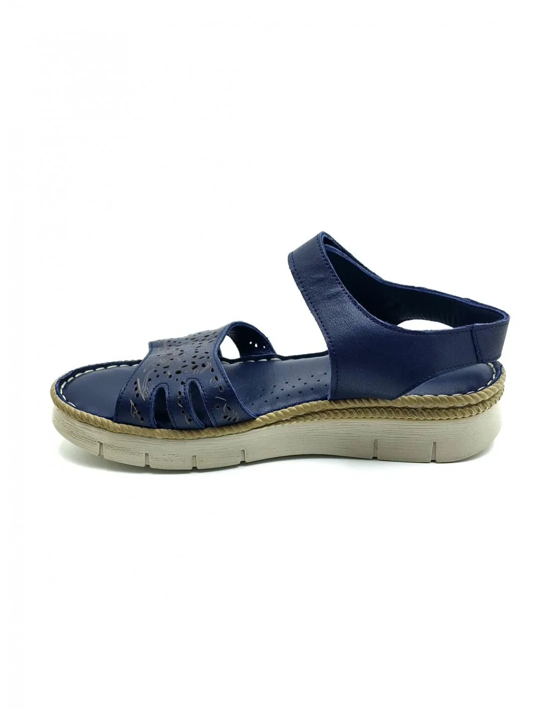 SANDALIA DE MUJER TREINTAS EN AZUL MARINO Y CUERO L1008