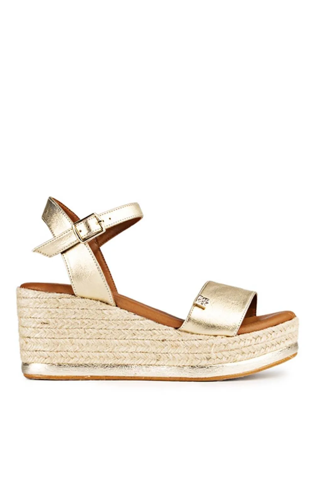 Sandalia Mujer Popa Cuña Alta Arambol Laminado Oro Clever