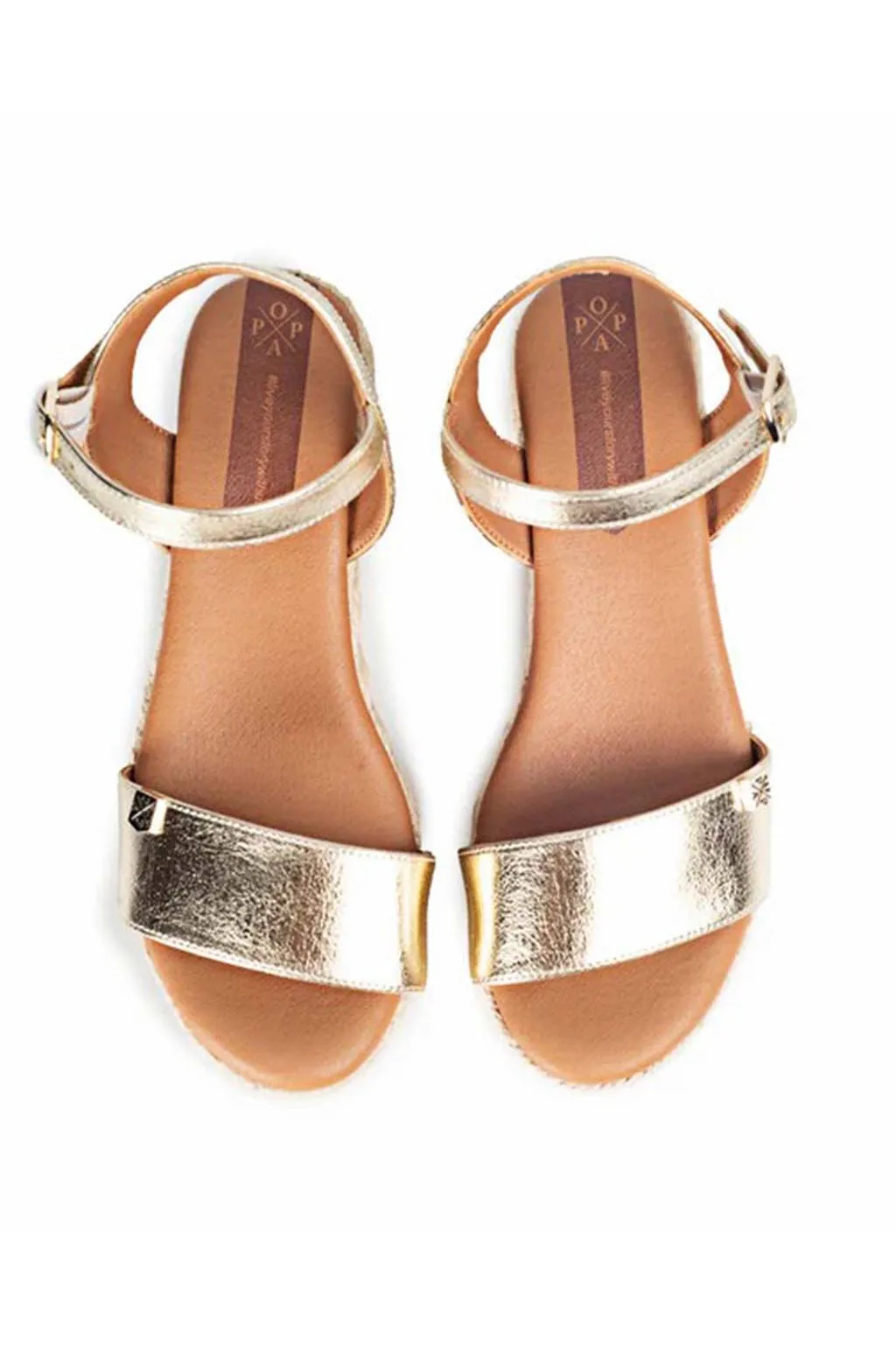 Sandalia Mujer Popa Cuña Alta Arambol Laminado Oro Clever